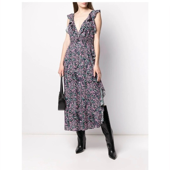 IRO Santu Ruffled Shirred Crepe De Chine Floral V-Neck Maxi Dress, 40 / US 8 - Picture 3 of 8